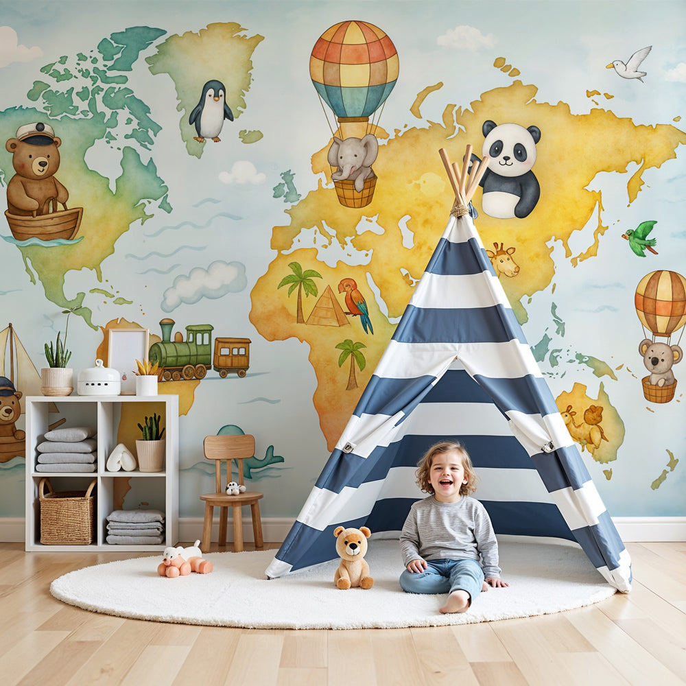 Animal world map mural wallpaper with pandas and elephants in modern nursery room by Kids-Mundo