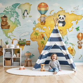 Animal world map mural wallpaper with pandas and elephants in modern nursery room by Kids-Mundo