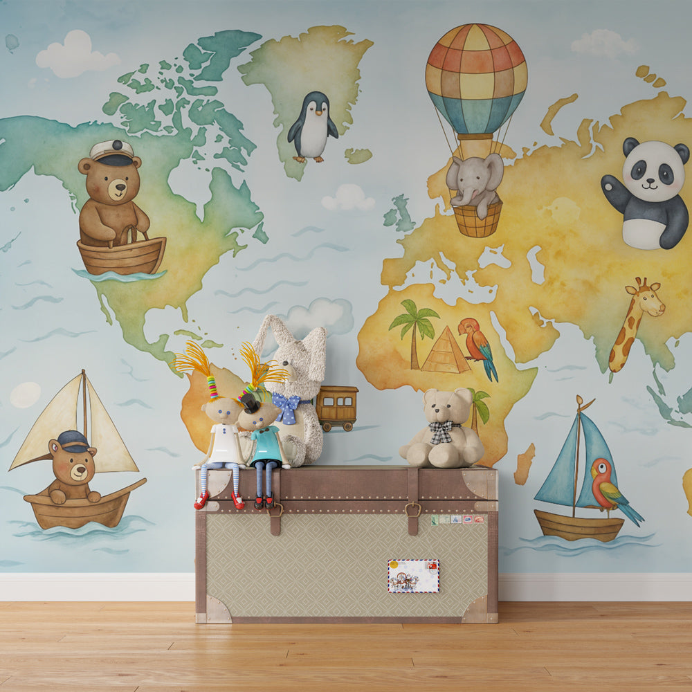 Adventure-themed animal map wallpaper creating educational playroom decor for kids exploration