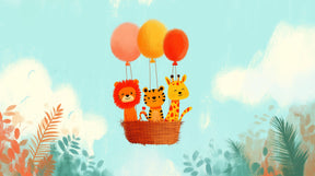 Detailed animals hot air balloon mural wallpaper design pattern with lion tiger giraffe by Kids-Mundo