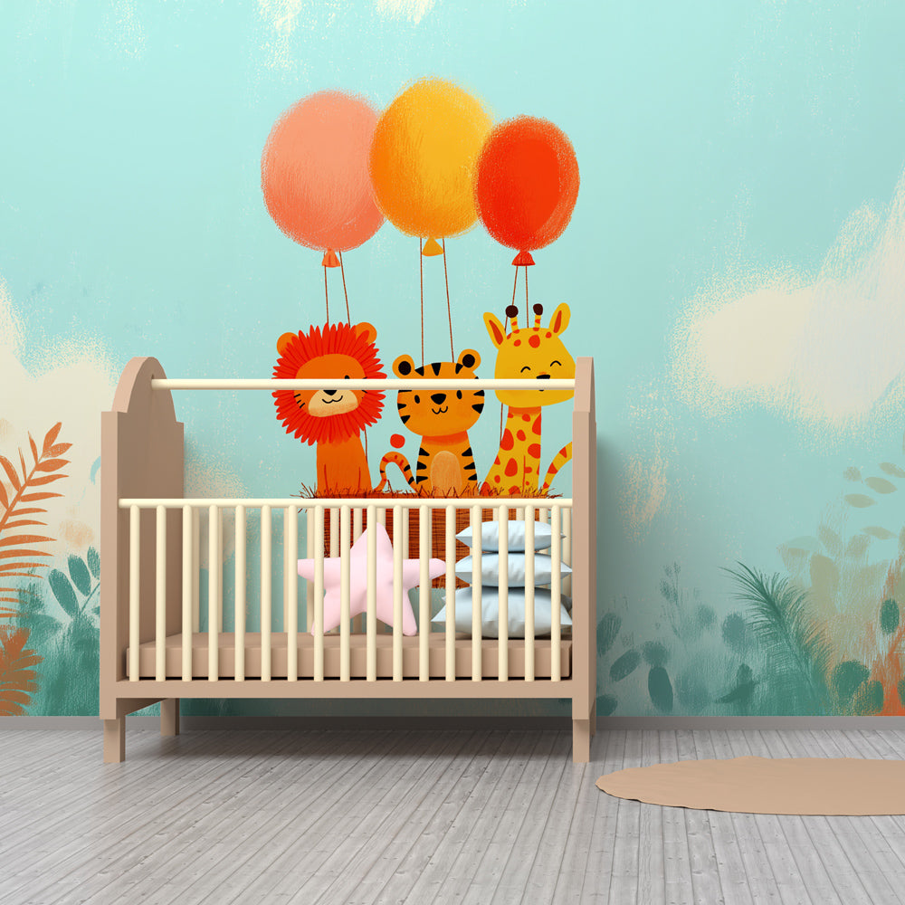 Colorful hot air balloon wallpaper featuring safari animals in modern children's bedroom decor