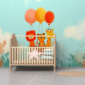 Colorful hot air balloon wallpaper featuring safari animals in modern children's bedroom decor
