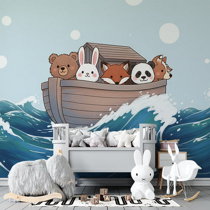 Kids-Mundo animal friends boat wall mural sailing across a kids bedroom feature wall