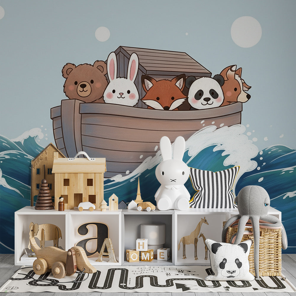 Kids-Mundo ocean boat wall mural with bear, rabbit, fox and panda in a playroom