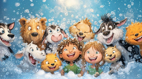Detailed animals and children bubble bath mural wallpaper design pattern by Kids-Mundo