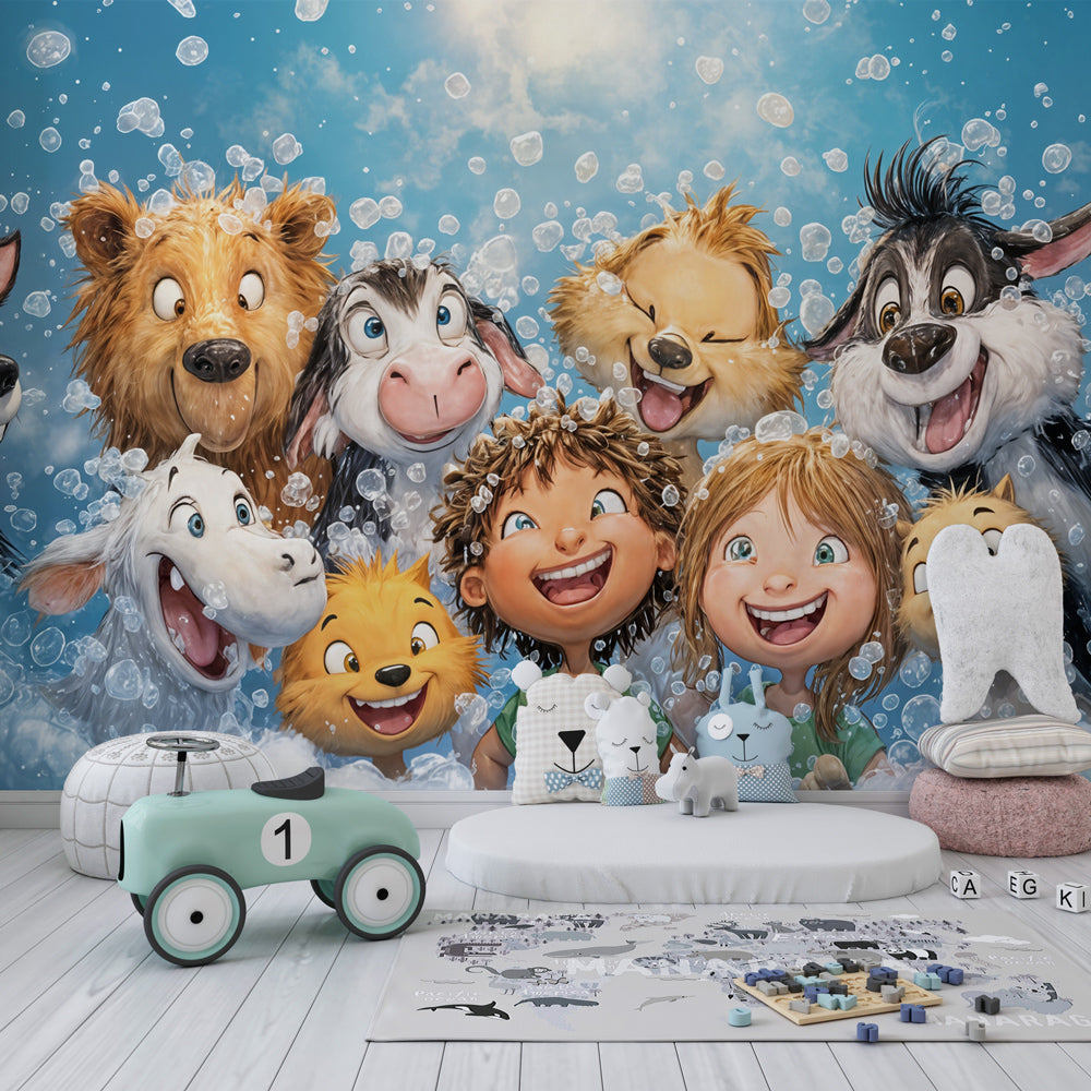 Playful animals wallpaper creating joyful atmosphere in children's playroom setting