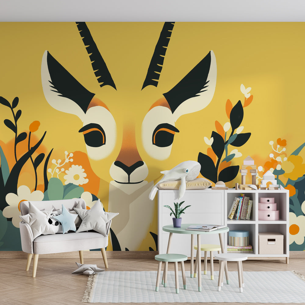 Colorful antelope and flower wallpaper transforming modern kids bedroom space