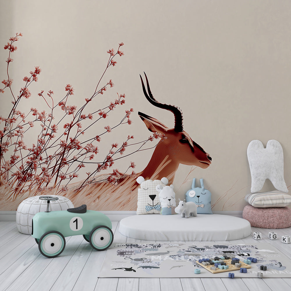 Animal themed mural wallpaper with antelope and flowers for peaceful baby room decor