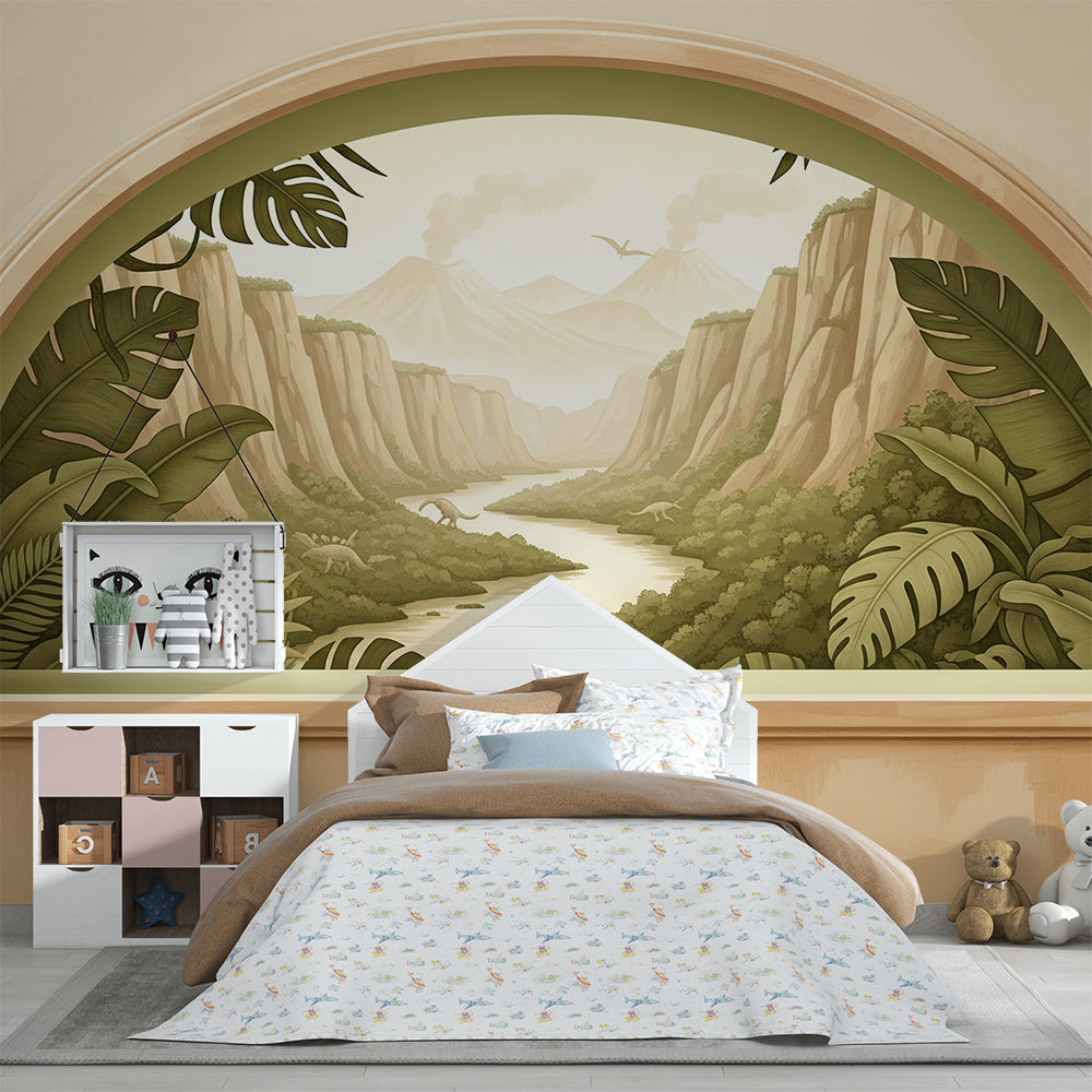 Kids-Mundo hazy dinosaur canyon mural behind a bed in a soft kids bedroom