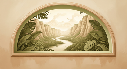 Kids-Mundo flat artwork of an arched window looking over a hazy dinosaur canyon
