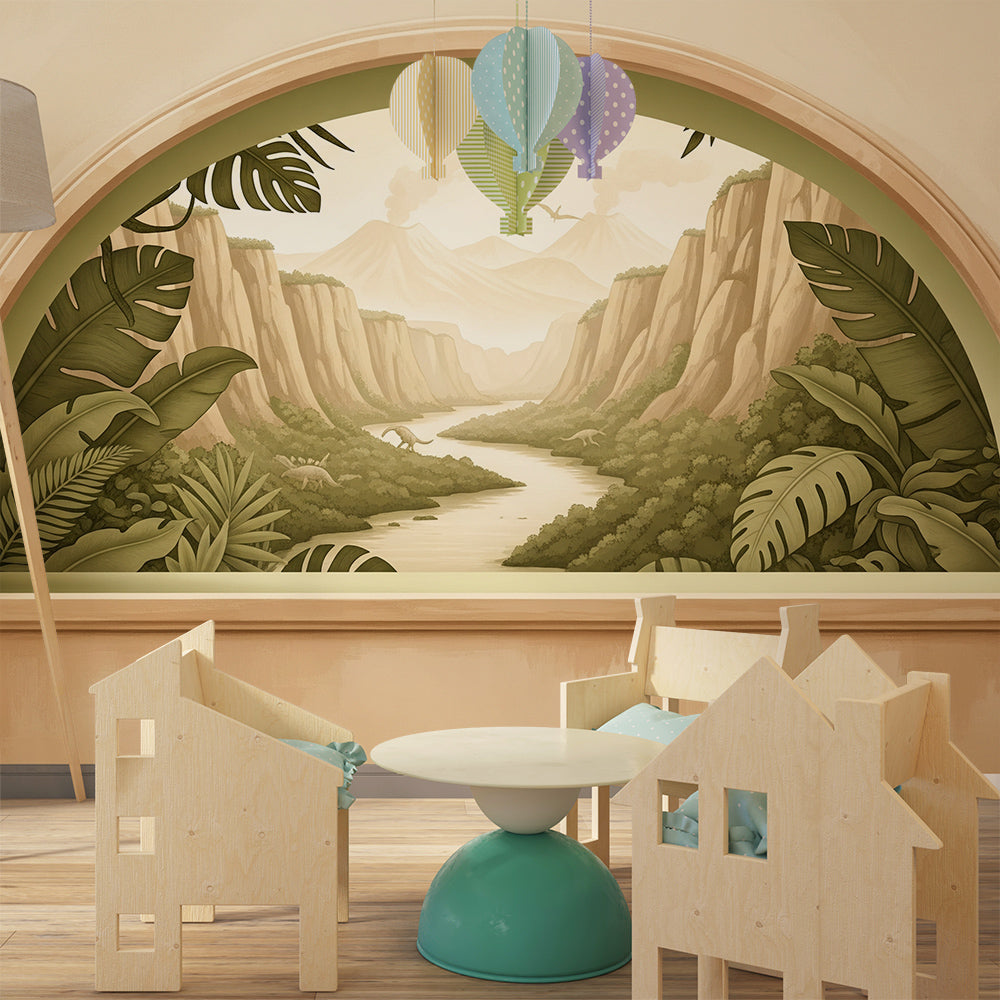 Kids-Mundo dinosaur canyon window mural bringing a gentle scene to a playroom