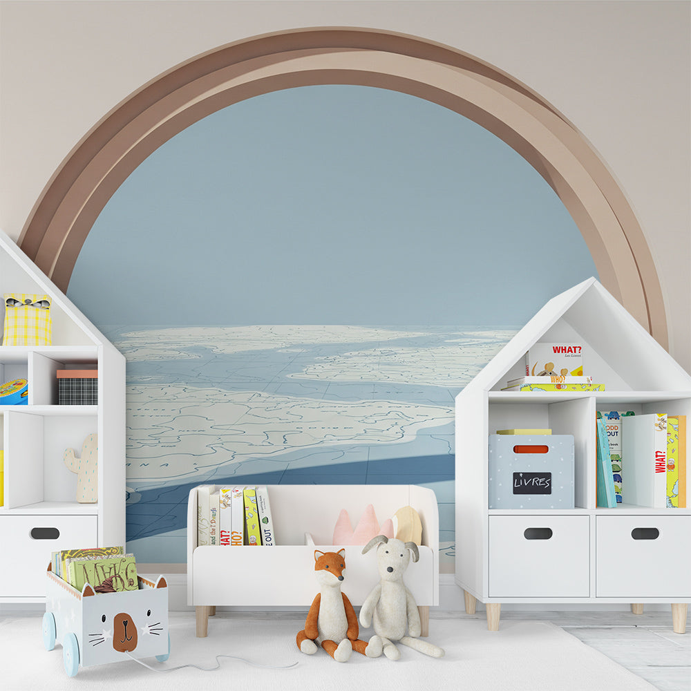 Kids-Mundo arched landscape mural covering a kids bedroom wall with a soft frosted horizon view