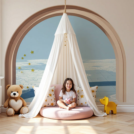 Kids-Mundo arched window wall mural printed to size in a calm terracotta and blue nursery