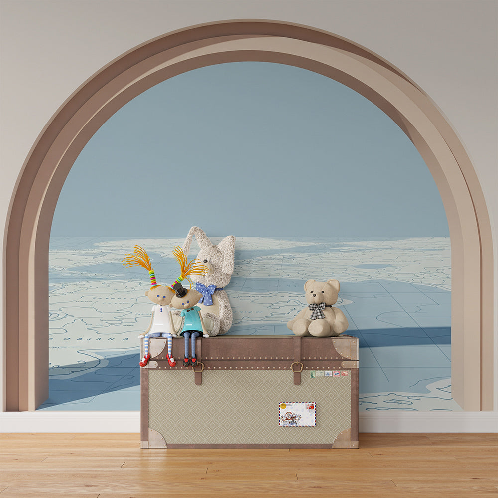 Kids-Mundo arched window wall mural in a playroom, showing a muted icy landscape beyond the archway