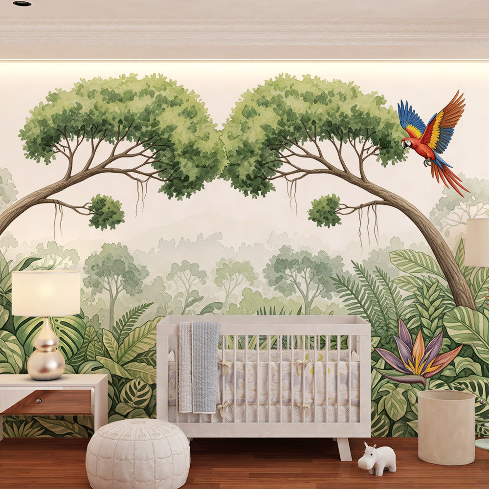Kids-Mundo tropical macaw jungle wall mural covering a feature wall in a kids bedroom.