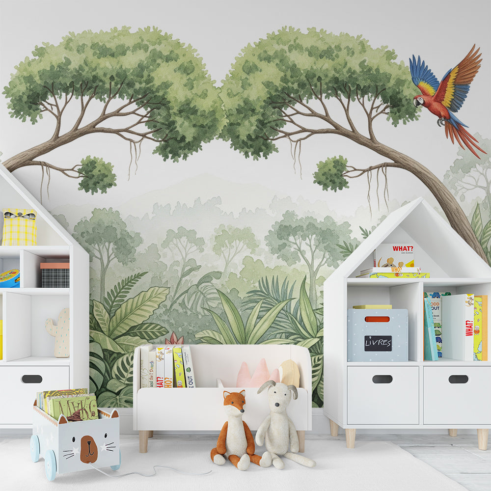Kids-Mundo arching jungle trees mural with a flying macaw brightening a children's playroom.