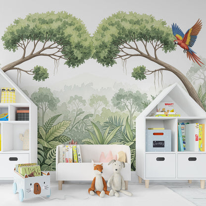 Kids-Mundo arching jungle trees mural with a flying macaw brightening a children's playroom.