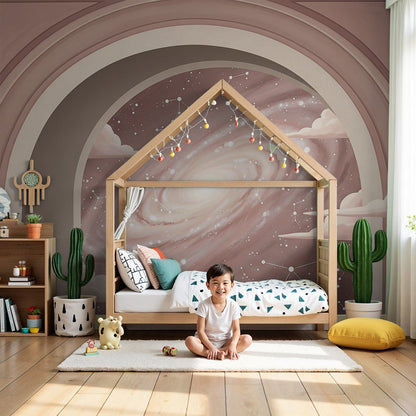 Kids-Mundo cloudy archway spiral galaxy wall mural in a soft mauve baby nursery