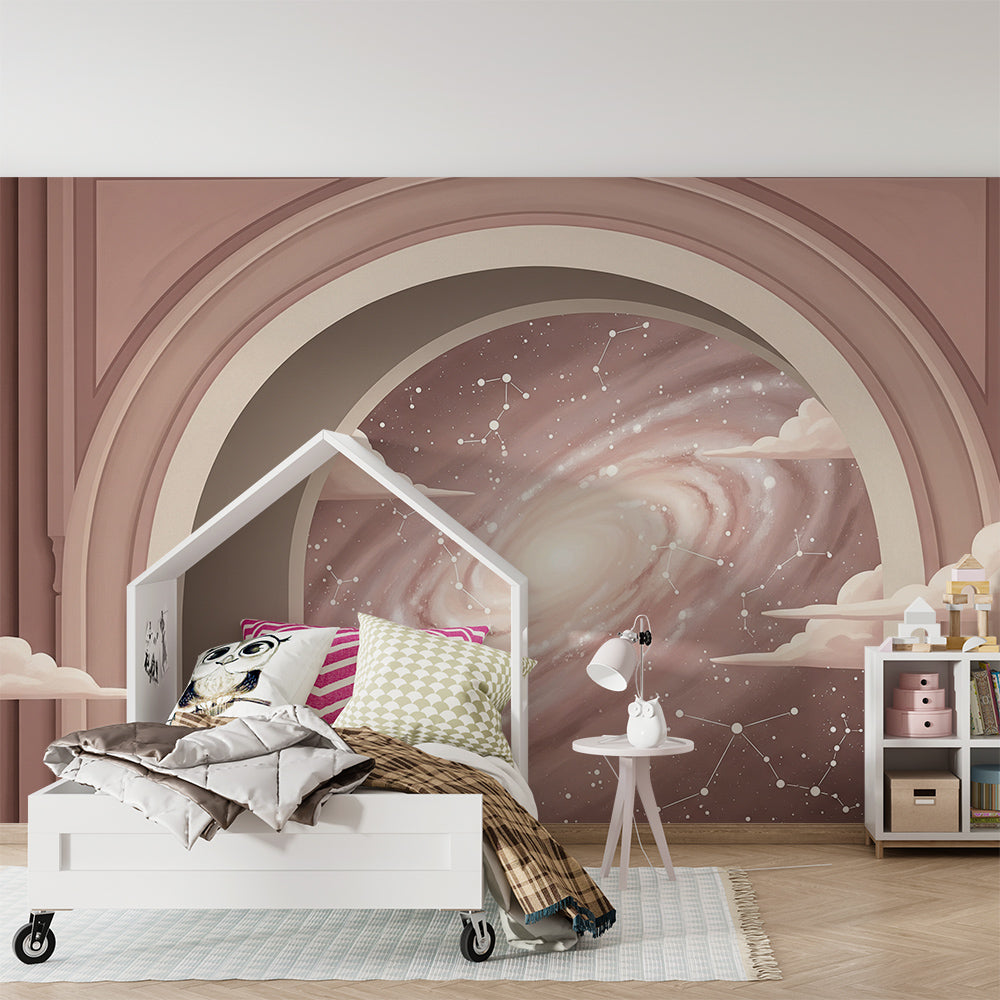 Kids-Mundo spiral galaxy archway wall mural featured in a bright children's playroom