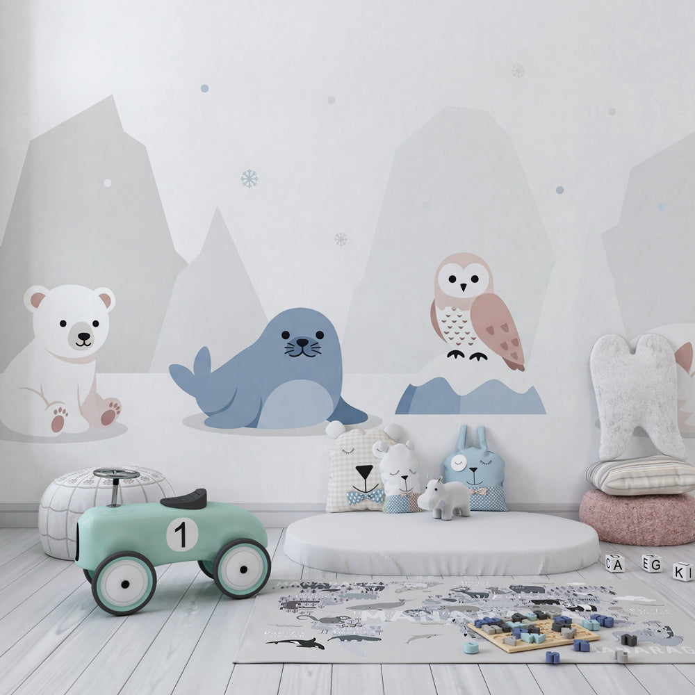 Winter animals wallpaper with seal and owl creating cozy kids bedroom decor