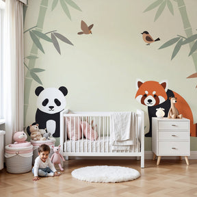 Asian forest animals mural wallpaper with panda design in modern nursery by Kids-Mundo