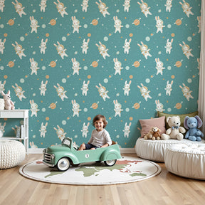 Astronaut bunny mural wallpaper creating magical space theme in modern nursery by Kids-Mundo