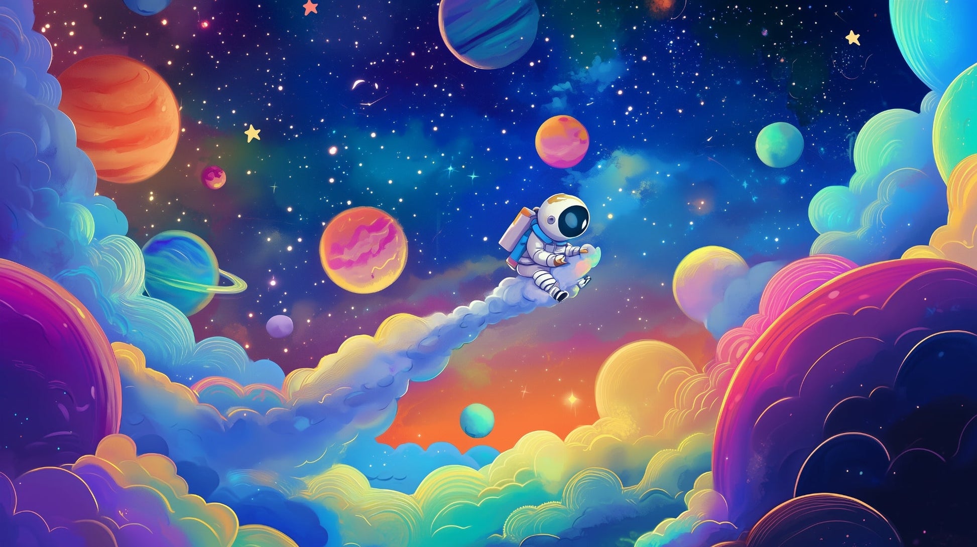 Flat artwork of the Kids-Mundo astronaut wall mural design with rainbow planets and stars