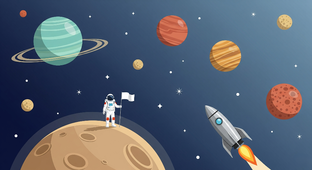 Kids-Mundo flat artwork for the astronaut moon landing space wall mural, showing planets, stars and a rocket