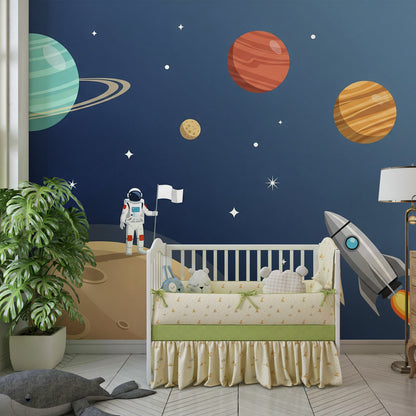 Kids-Mundo space wall mural in a playroom, featuring an astronaut planting a flag on the moon