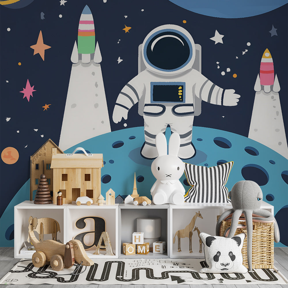 Kids-Mundo astronaut space wall mural covering a feature wall in a young explorer's bedroom