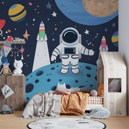 Kids-Mundo astronaut and planets wall mural bringing a moon mission to a children's playroom