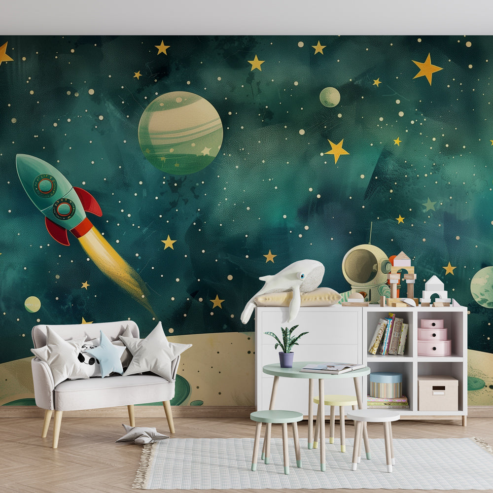 Kids-Mundo astronaut space wall mural behind a single bed in a bright kids bedroom.