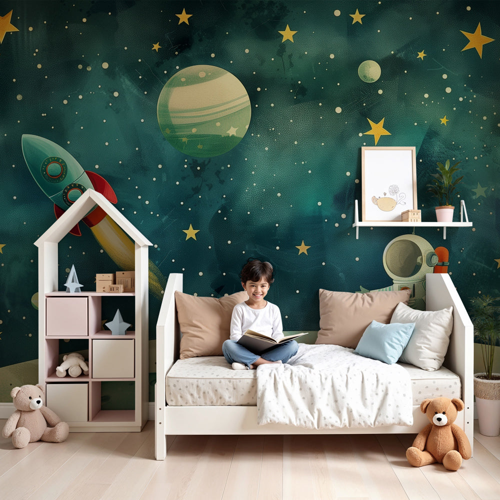 Kids-Mundo astronaut and rocket space wall mural in a soft neutral nursery with a cot and rug.