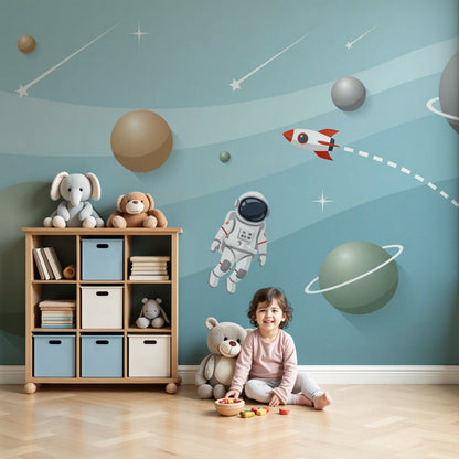 Kids-Mundo astronaut and planets pastel wall mural styled in a soft nursery