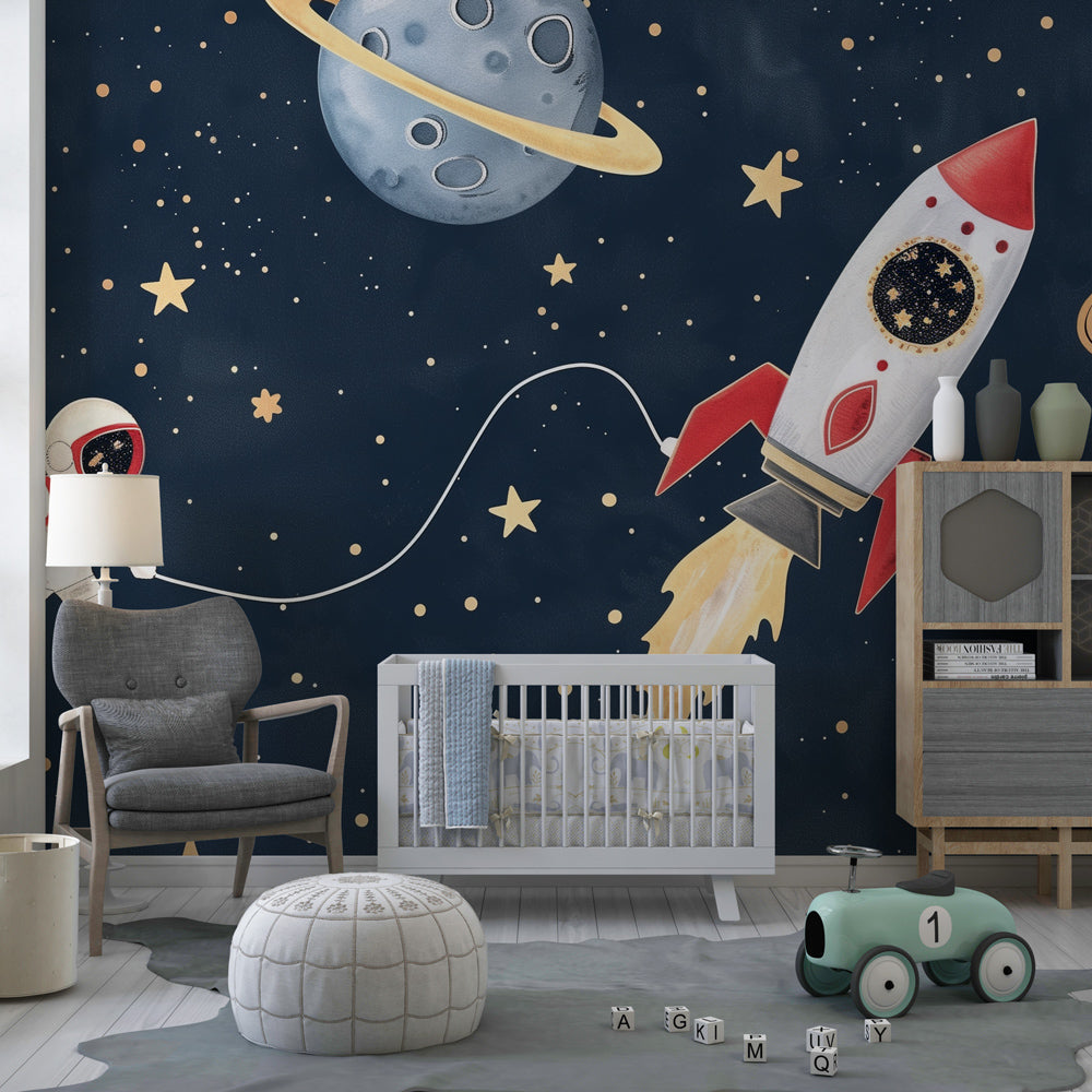 Kids-Mundo astronaut floating among planets and stars wall mural styled in a kids bedroom