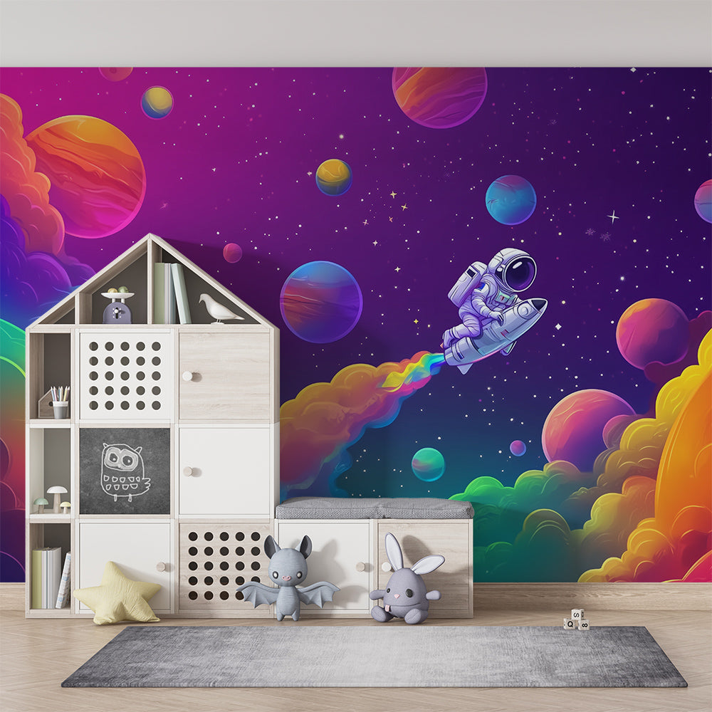 Kids-Mundo space astronaut wall mural bringing galaxy colour to a kids bedroom