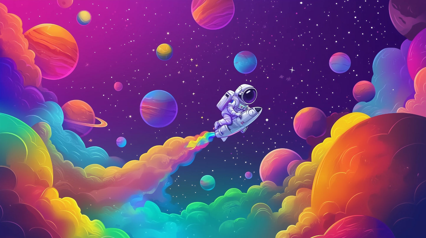 Kids-Mundo flat artwork preview of the astronaut rainbow space wall mural design