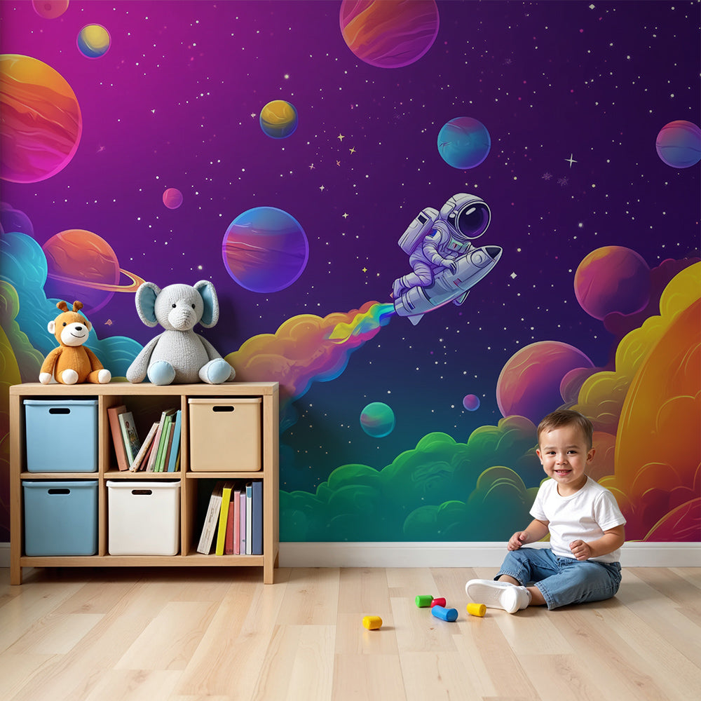 Kids-Mundo astronaut rainbow space wall mural styled as vivid nursery wallpaper