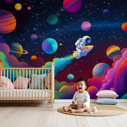 Kids-Mundo astronaut rocket space wall mural covering the feature wall of a nursery