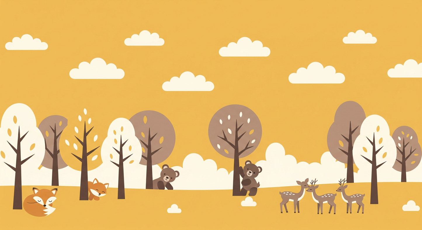 Kids-Mundo flat artwork of an autumn forest fox, bear and deer wall mural design