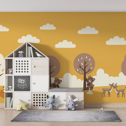 Kids-Mundo autumn forest mural with fox, bear and deer styled in a playroom