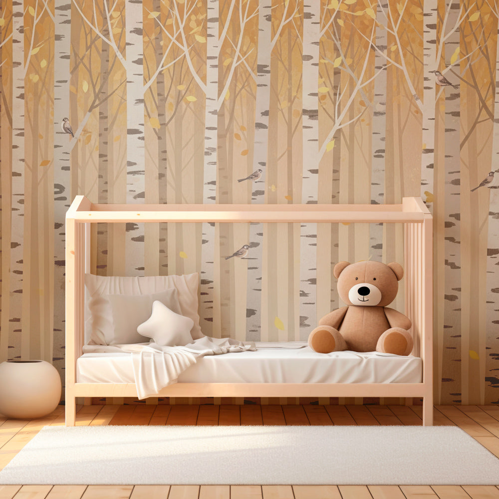Woodland birds mural wallpaper creating cozy kids bedroom atmosphere with natural tones
