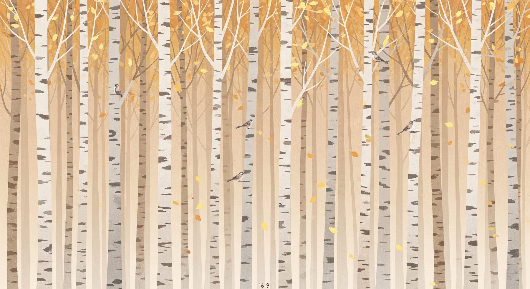 Detailed autumn forest mural wallpaper design pattern with golden leaves and birds by Kids-Mundo