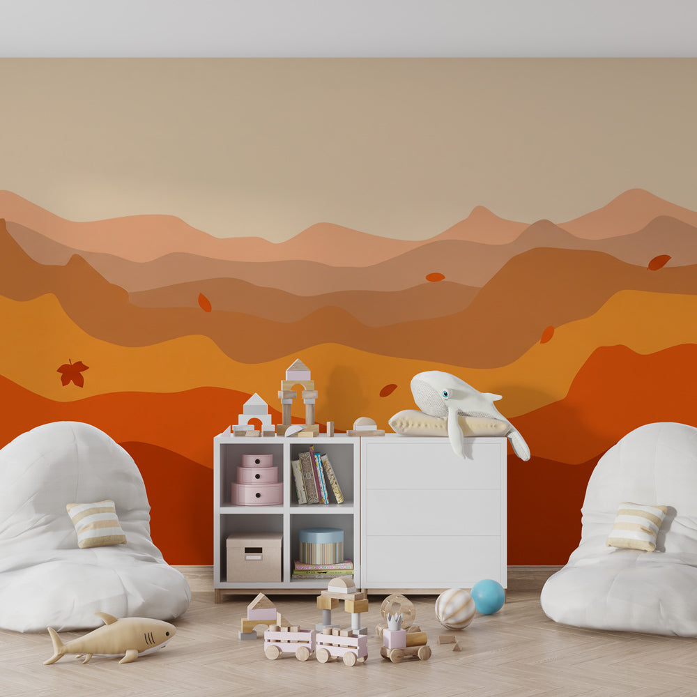 Nature-inspired autumn wallpaper with floating leaves for peaceful kids room decor