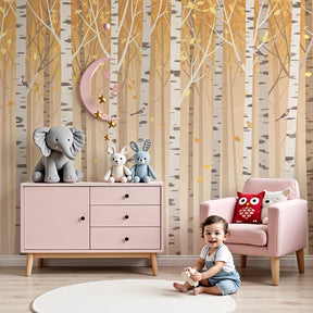 Autumn forest mural wallpaper in peaceful nursery with wooden crib by Kids-Mundo