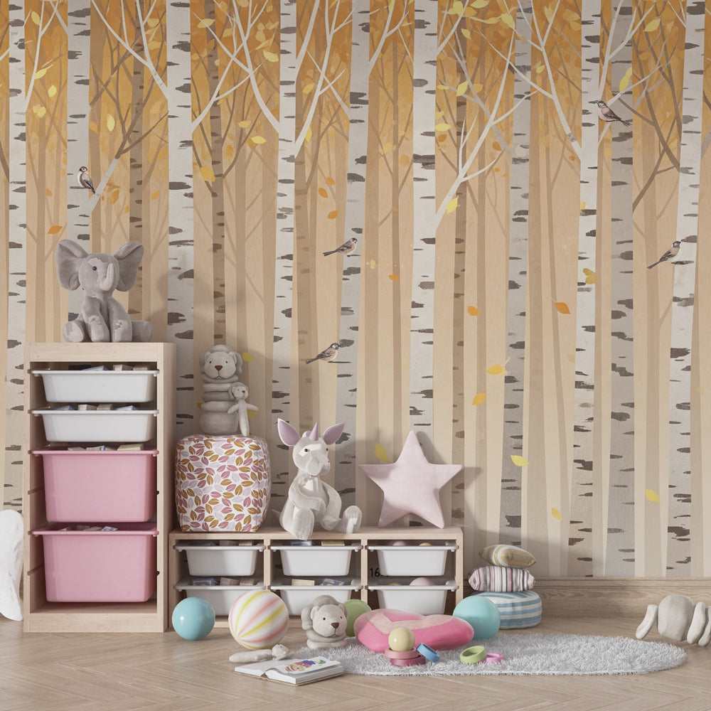 Peaceful forest wallpaper transforming children's playroom into woodland sanctuary