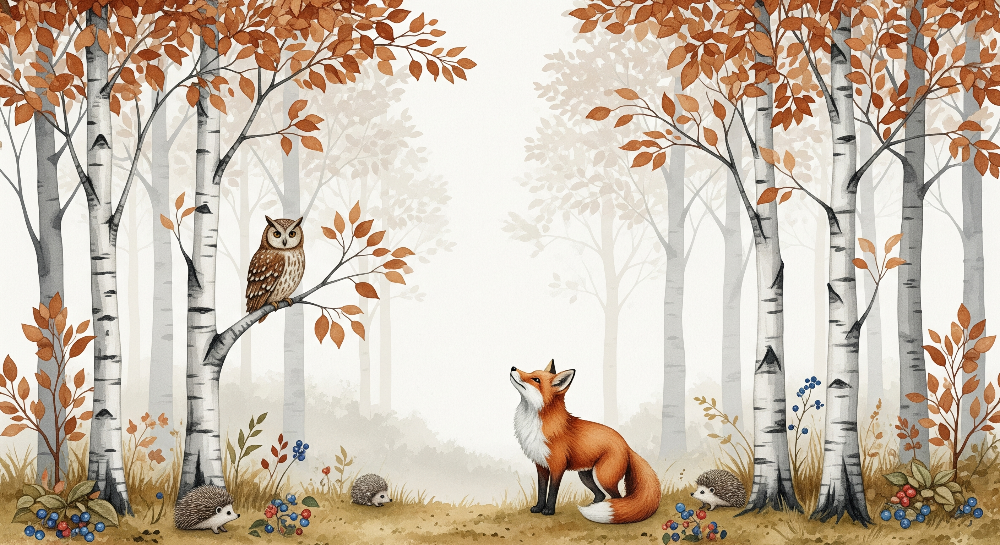 Kids-Mundo flat artwork of a fox and owl in an autumn birch woodland with hedgehogs