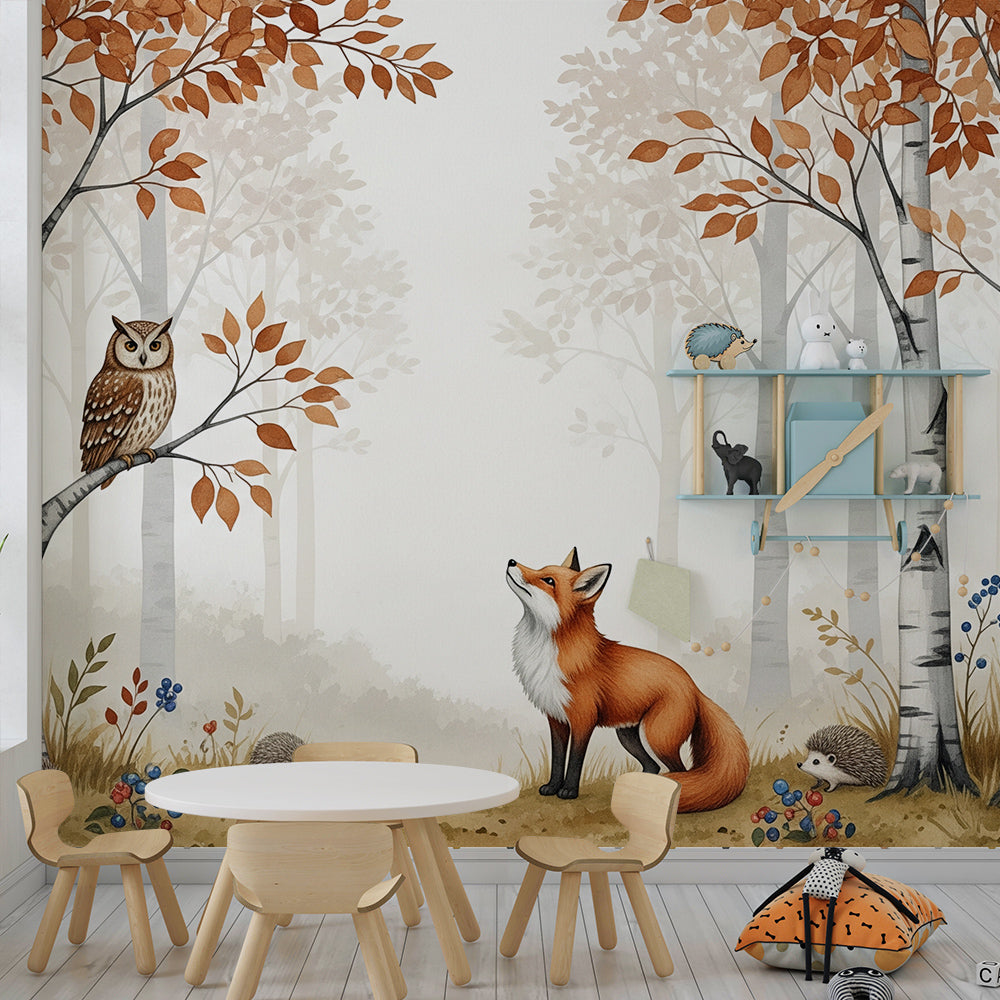 Kids-Mundo fox and owl mural brightening a playroom wall with hedgehogs and autumn leaves