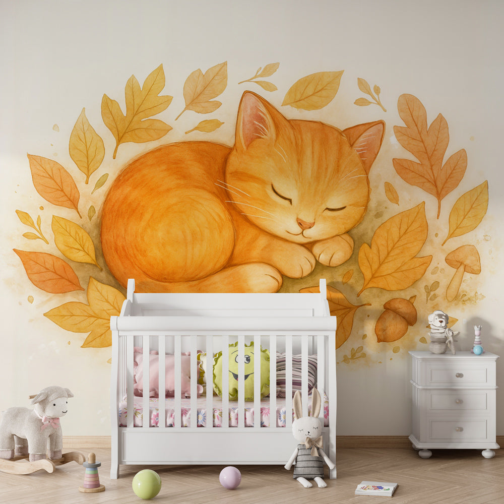 Sleeping cat wallpaper creating warm autumn atmosphere in children's bedroom decor
