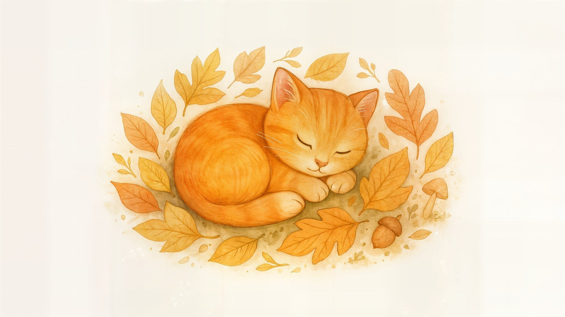 Detailed autumn kitten mural wallpaper design pattern showing sleeping orange cat with fall foliage by Kids-Mundo